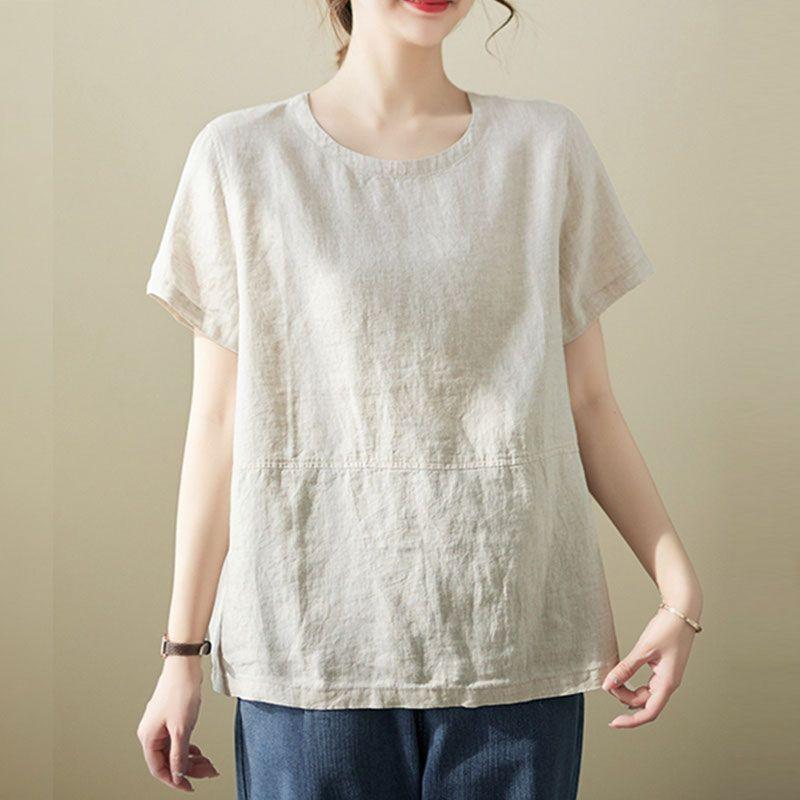 New Cotton and Linen Short Sleeved T-shirt for Women High-end Cotton and Linen Loose Fitting Belly Covering Cotton and Linen Top