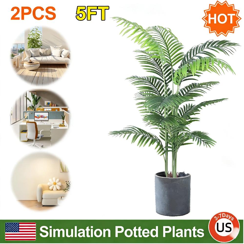 2PCS 5FT Artificial Areca Palm Plant Realistic Tropical Potted Tree Adjustable Branches Low Maintenance for Indoor Outdoor Home