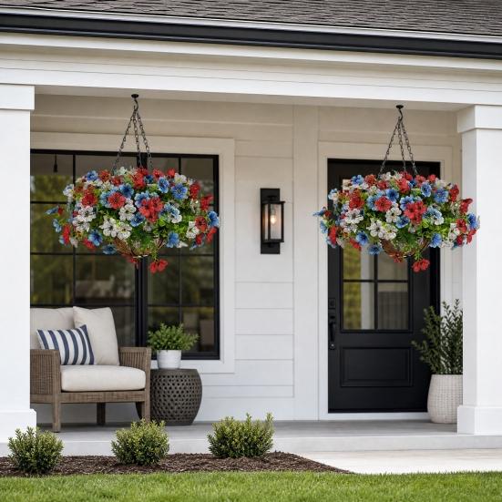 Artificial Hanging Flower with Basket for Outdoors, 4th of July Patriotic Faux Violet Flowers, UV Resistant Fake Plants for Outside Porch, Yard, Patio