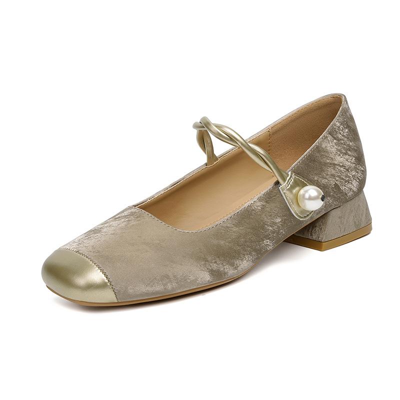 Mary Jane square head single shoes with thick heels single shoes splicing single shoes female celebrity with cheongsam