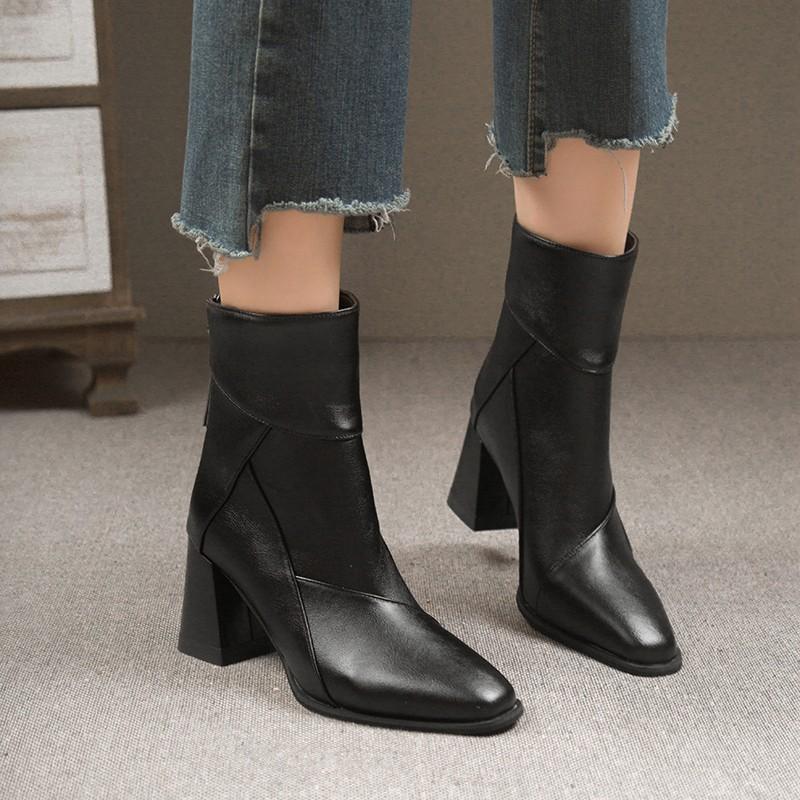 New Style Luxury Women Shoes Chunky Ankle Goth Mid Heels Brand Winter Fashion Women's Pointed Toe Boots Motorcycle Boots