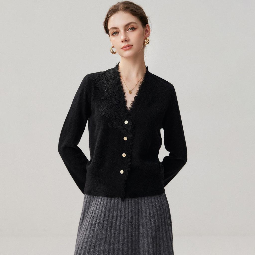 Women's Cashmere V-Neck Patchwork Lace Trim Cardigan