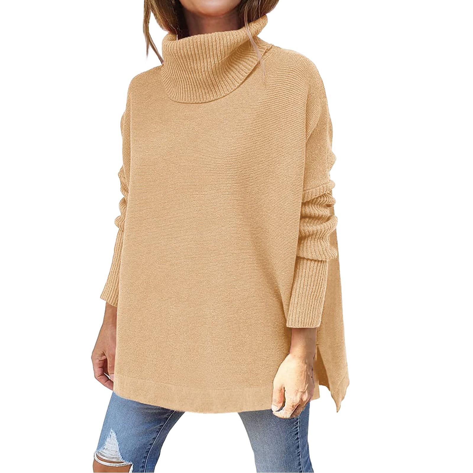 

Женские модные топы средней длины с длинным рукавом и боковыми разрезами, вязаный свитер M хаки