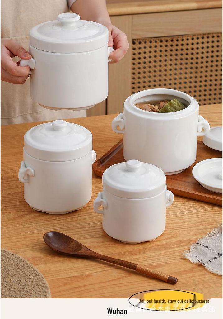 Ceramic Double Lid Stew & Soup Pot with Double Ears for Steaming & Stewed Eggs