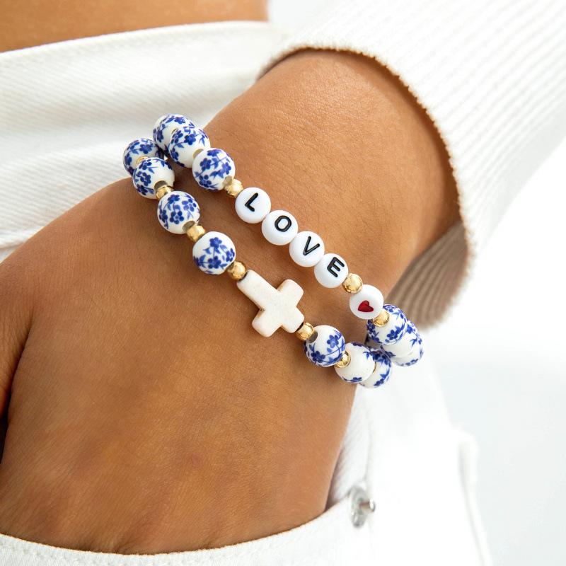 Accessories, Chinese Style Retro Elegant Flower Porcelain Ceramic Bead National Style Bracelet, Letter Cross Beaded Bracelet