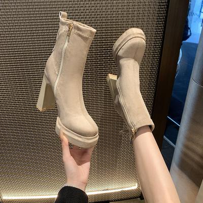 Stivaletti da Donna con Plateau in Camoscio di Mucca Autunno Nuovi Punta Quadrata Cerniera Posteriore Antiscivolo Resistenti all'Usura Tacchi Alti