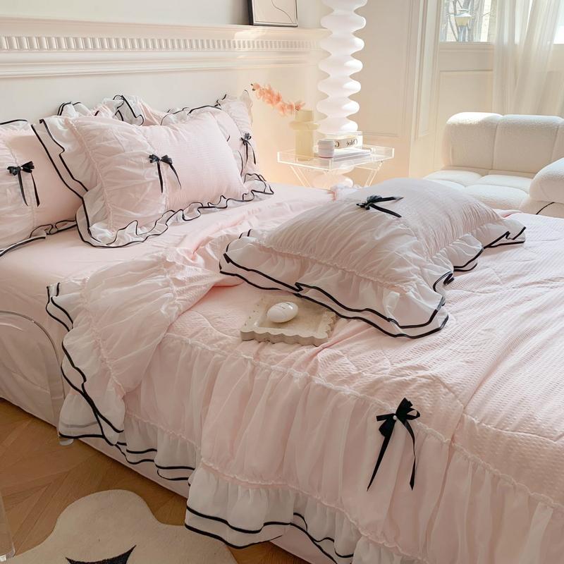 

Double layered lace Summer Quilt Set 2024 New Sweetheart Bow Summer Four Piece Set Soft Cool Blanket Duvet Air-Condition Quilt 200x230 4pcs