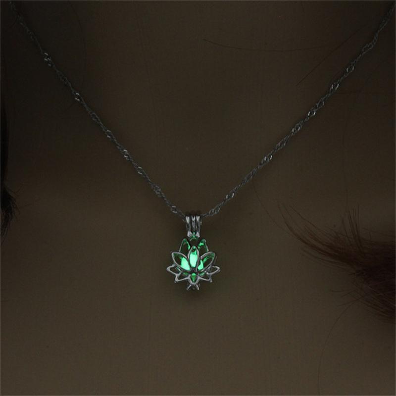 Luminous Glowing In The Dark Moon Lotus Flower Shaped Pendant Necklace for Women Yoga Prayer Buddhism Jewelry
