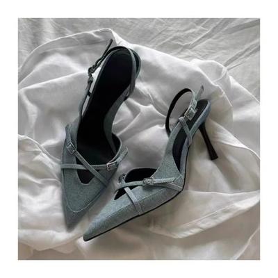 Damen Jeans Sandalen mit Absatz Spitz Hoher Absatz Büro Damenschuhe Schöne Damenschuhe
