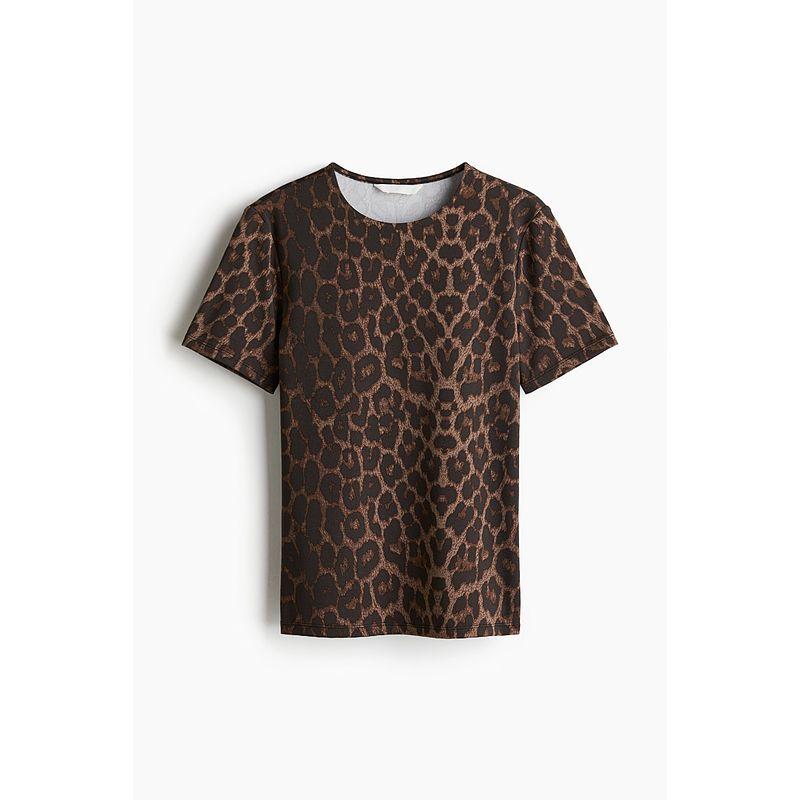 

HM Women s T-shirt Fall 2025 New Arrival Stretch Silm round Neck Short Sleeve Plaid Breathable Bottoming Shirt 1258606 Brown/Leopard print 155/76(XXS)
