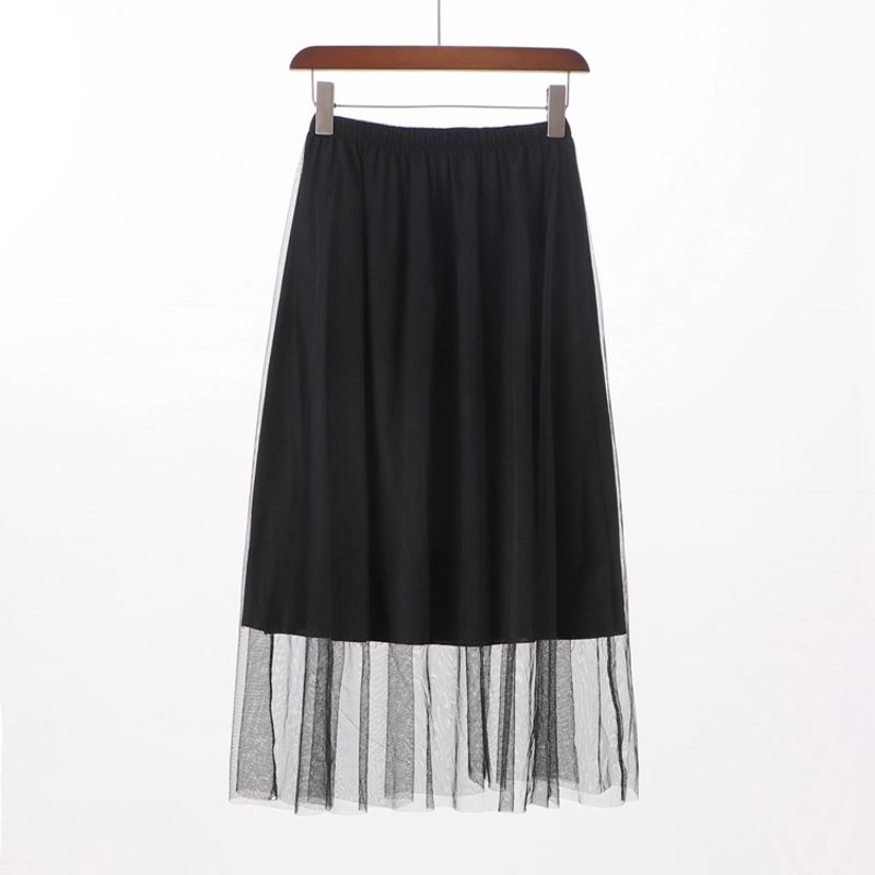 

[WM] Pinshangtuan Discount European and American All-Matching Women s Spring Elastic Waist Mesh A- line Slimming Skirt Long Skirt 7005-15 Black Free size (random with different lining)
