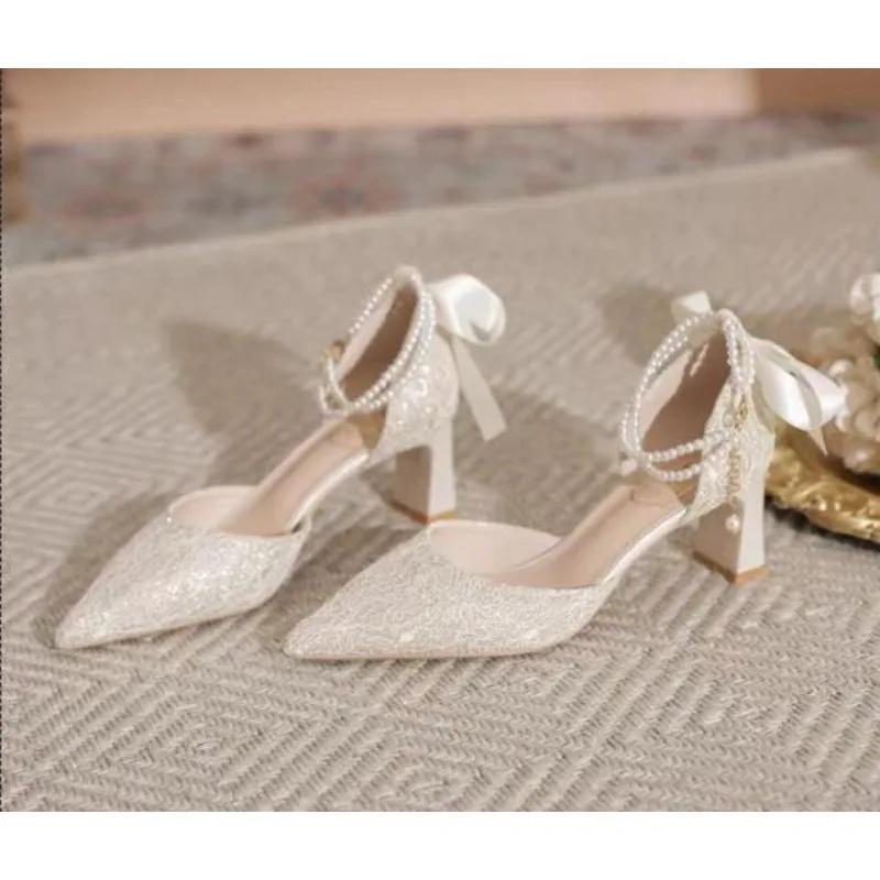 New Summer Luxury Women Pearl High Heels Chunky Heel Princess Bow High Heel Sandals Party Wedding Shoes Plus Size Zapatos Mujer