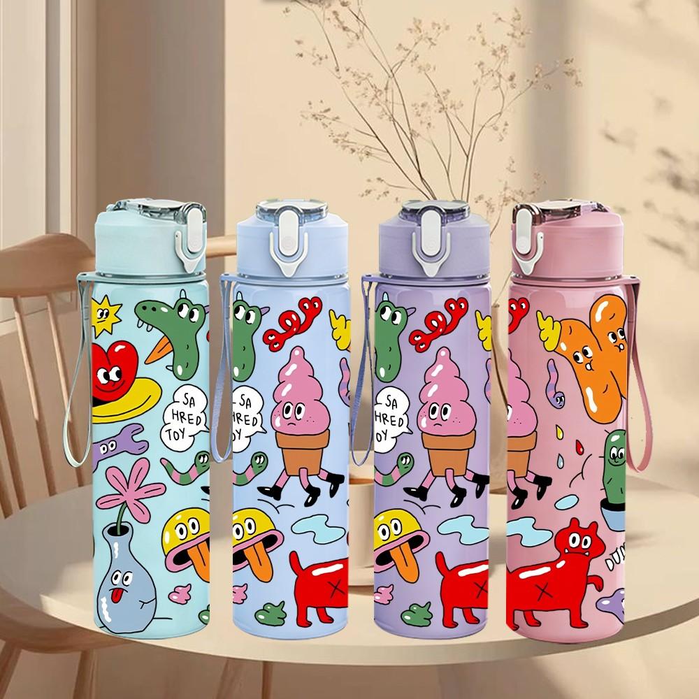 1PC Colorful Animal Character 750ml Color Plastic Sports Water Bottle Leakproof Flip Straw Lid Suitable for Sports Office Home Use