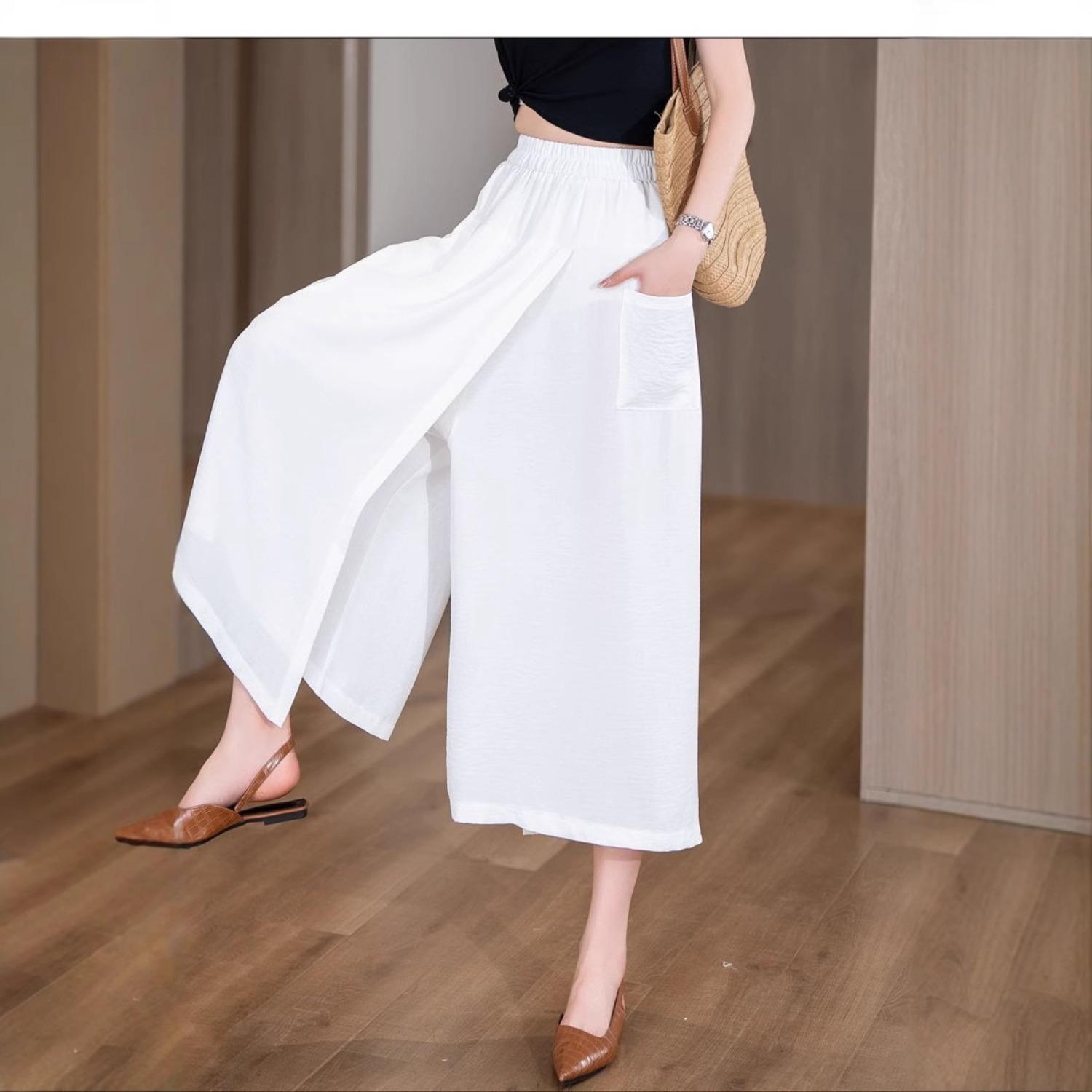 Women s Elastic Waist Wide Leg Pants Loose Casual Split Hem Cropped Trousers Summer S