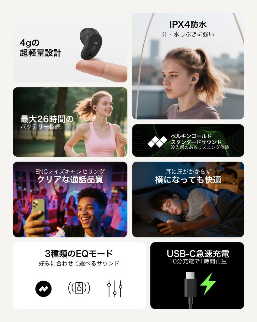 Belkin SOUNDFORM ANYWHERE True Wireless Earbuds, Bluetooth 5.4, 12mm Drivers, Call Noise Reduction, 26 Hours of Playtime, Silicone Upsizing Sleeve,