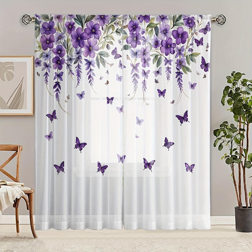 Glam Style Semi-Sheer Curtain 2Panels Rod Pocket Hanging Twill Weave Polyester Curtains for Bedroom Kitchen Floor Window Blinds