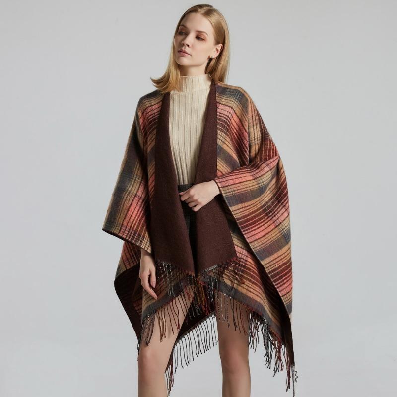 Scottish Classic Plaid Tassel Thick Warm Split Shawl Cape