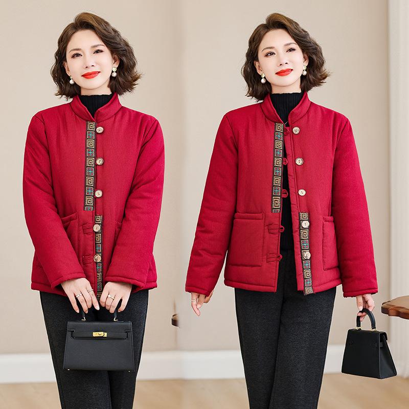 2025 Fall/Winter Fleece Thickened Cotton Top Warm Stand Collar Long Sleeve Padded Jacket Vintage Printed Small Jacket Women