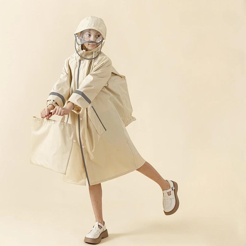 

Очень длинный пончо-ветровка из понжи для детей, водонепроницаемый плащ-пончо на все тело, с отделением для школьного рюкзака, студенческий дождевик XXL бежевый