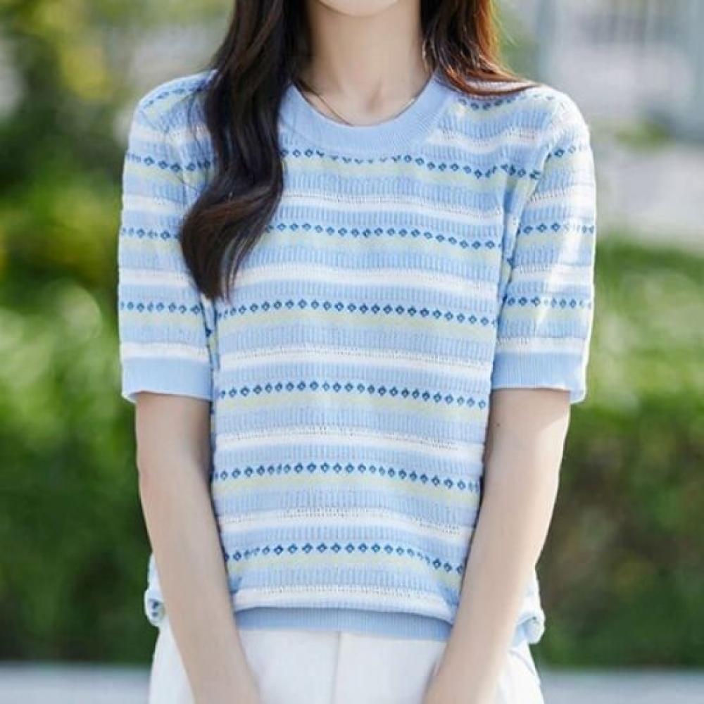 Navava Women Flower Stripe Short Sleeve Knit Tee Nk3117