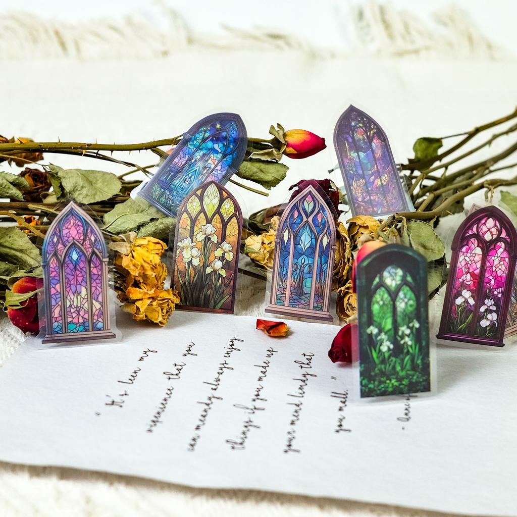 50 Colored Windows Colored Church Pet Handbook Creative Collage Retro European Architecture Stickers Diy Luggage