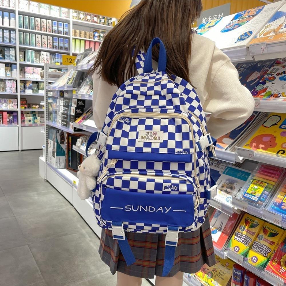 Girls Backpack Korean Version Checkerboard Color Matching Light Leisure Backpack Campus Large Capacity Junior High School Student Schoolbag
