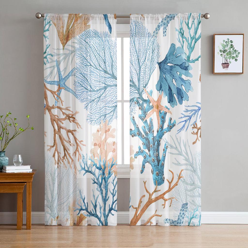 Marine Organisms Sea Turtle Jellyfish Seahorse Conch Coral Sheer Curtains Room Window Curtains Kitchen Tulle Voile Curtains