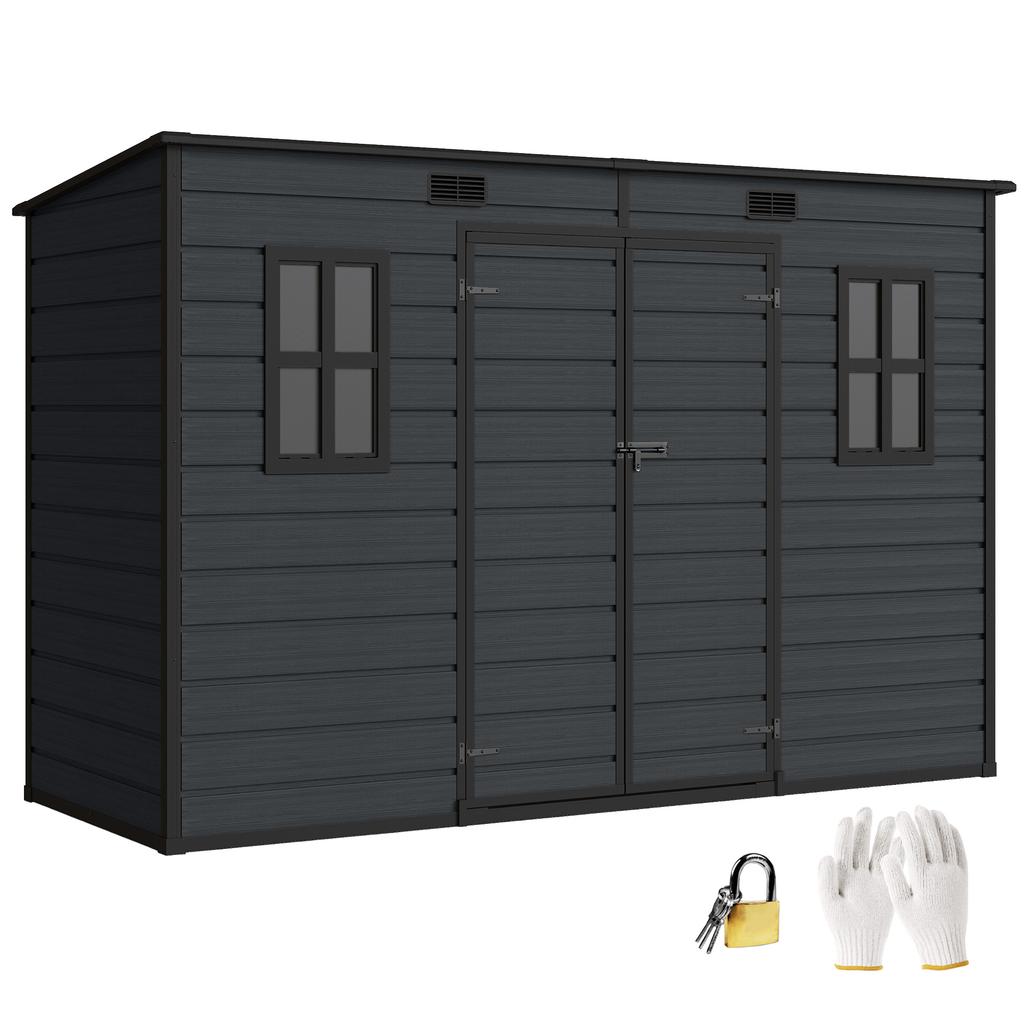 10 X 4 Ft Resin Garden Shed, Outdoor Storage Shed with Floor, Windows, Lockable Doors and Vents, Dark Grey