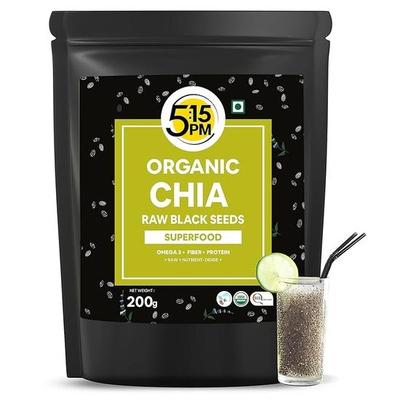 5:15PM Certified Organic Chia Seeds 200gm | Raw Unroasted Black Chia Seeds for Eating with Omega 3 and Fibers