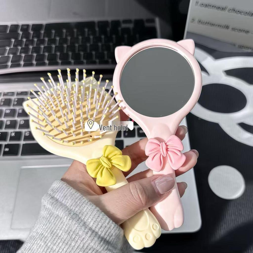 Cute Bow Cat Paw Mirror Comb: Portable 2-in-1 Air Cushion Massage Comb for Soft Girls
