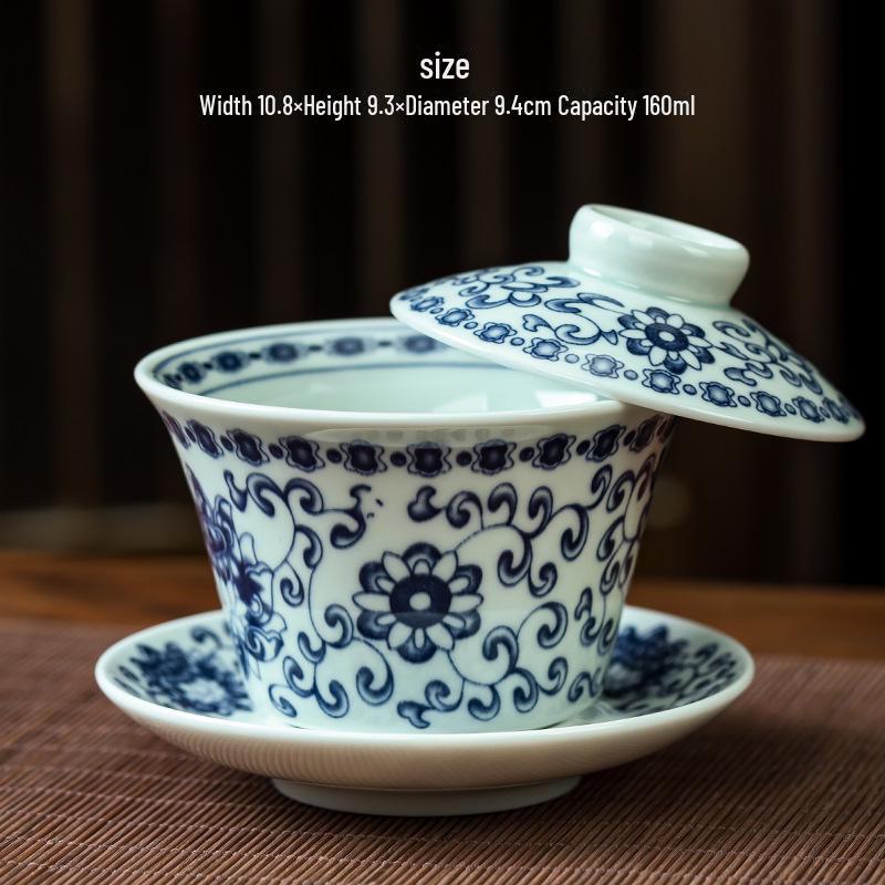 Blue & White Porcelain Covered Kung Fu Tea Bowl - Large Ceramic Sancai Household Set