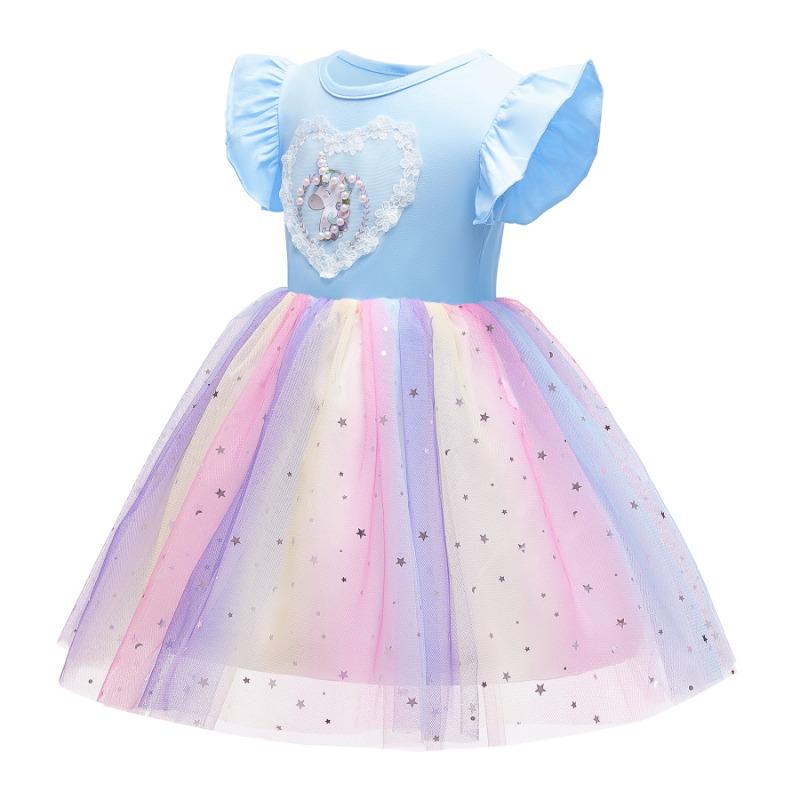 Girls Kids Summer Thin Knitted Tulle Rainbow Unicorn Princess Dress