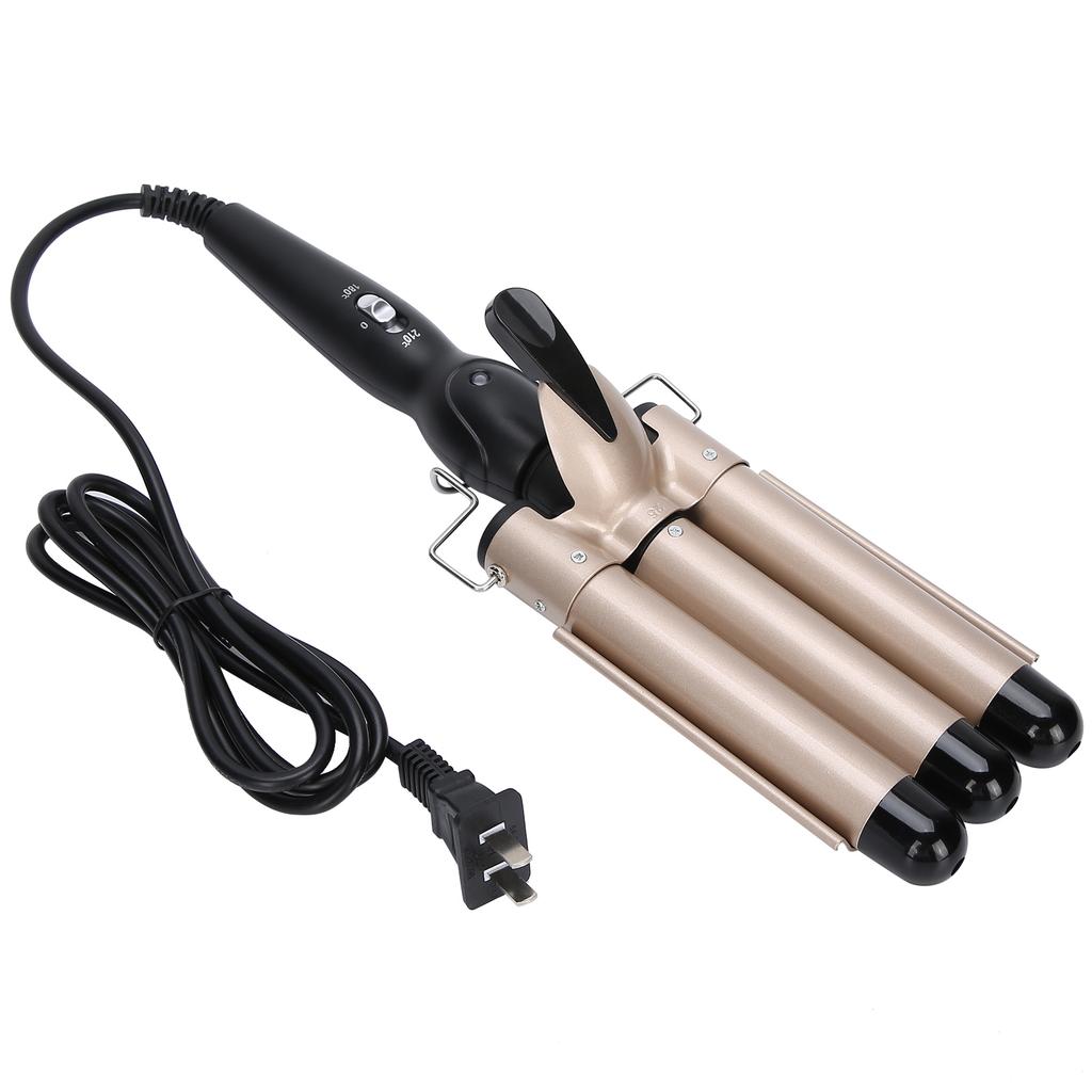 Hair Curler Triple Pipe Hair Curling Iron Wand 2 Temperature Tourmaline Electric Hair Styling ToolGold US Plug