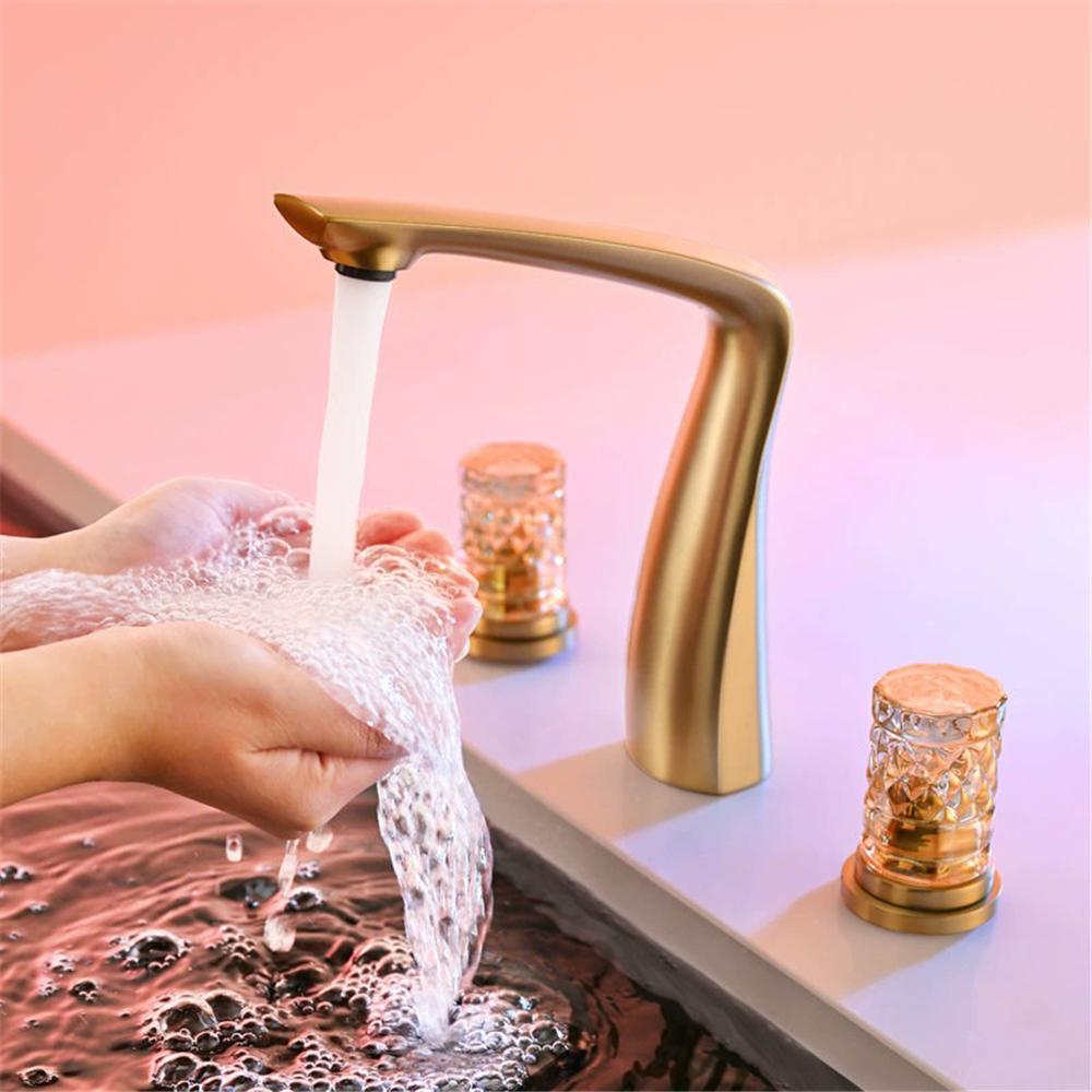 

Brushed Gold Basin Faucet Widespread Rose Gold Sink Tap Brass Bathroom Sink Faucet 3 Hole Crystal Handle Hot Cold Water Tap