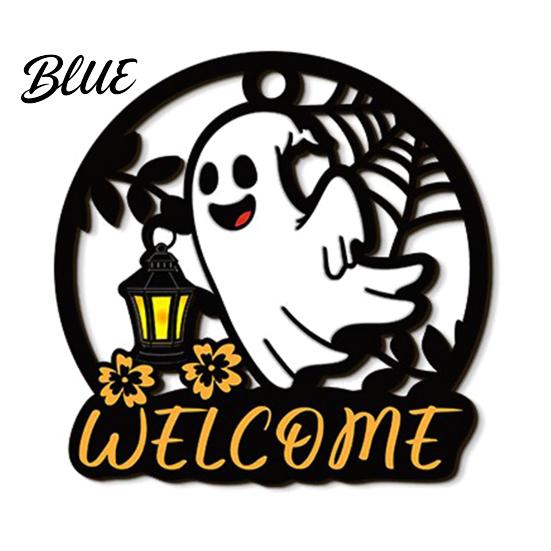 Rustic Pumpkin Door Decor Halloween Ghost Round Wooden Welcome Hanger Wall Plaque Tiered Tray Ornaments with Rope Hanging for Front Living