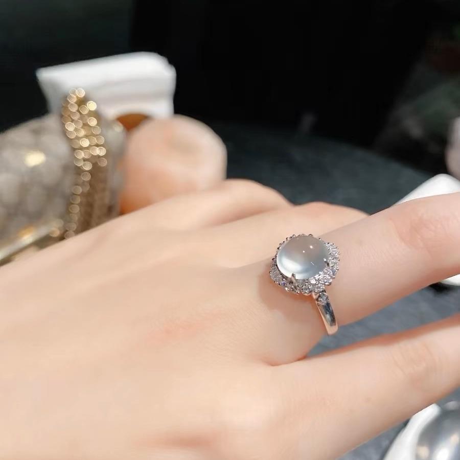 White Ice Chalcedony Cabochon Ring: Adjustable, Natural Fluorescent, Versatile, Simple Design for Women