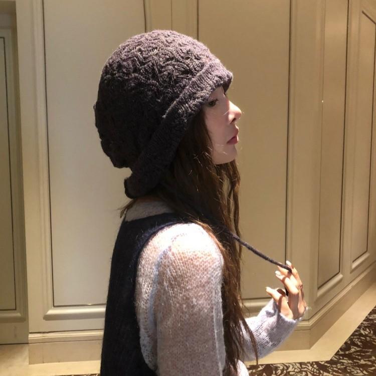 Korean Style Hollow Knitted Woolen Hat for Women Thin Breathable Versatile Face Showing  Trendy Small Pile Hat