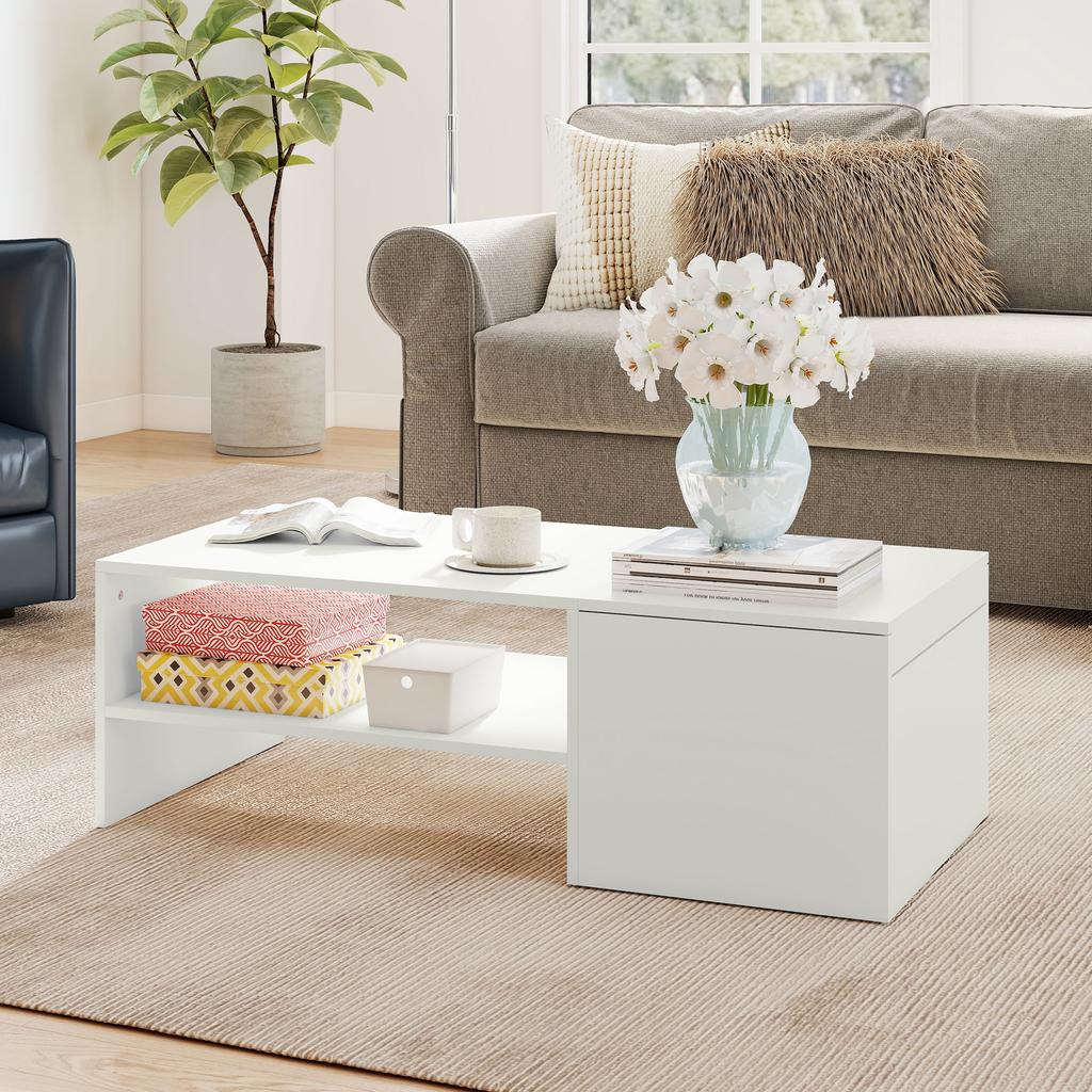 Adjustable Coffee Table, Metal Rails, Particleboard, Foot Pads, White