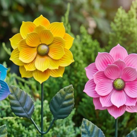 3 Pcs 15.5'' Flower Garden Stakes Colorful Metal Flower Yard Art Outdoor Rust Proof Plant Sticks for Lawn Patio Pathway Decoration