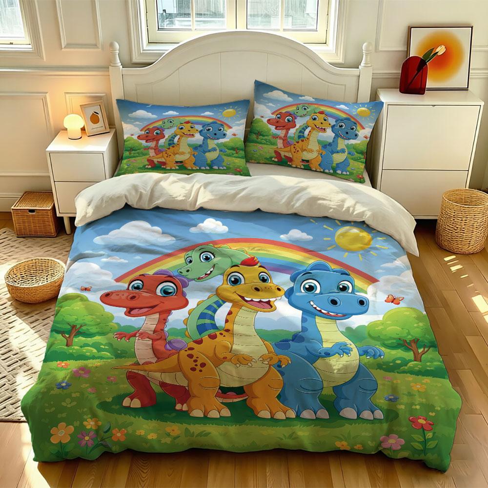 3pcs Cartoon Dinosaur Rainbow Print Duvet Cover Set Kids Boys Soft Microfiber Bedding Set with Pillowcases Quilt Cover Gift