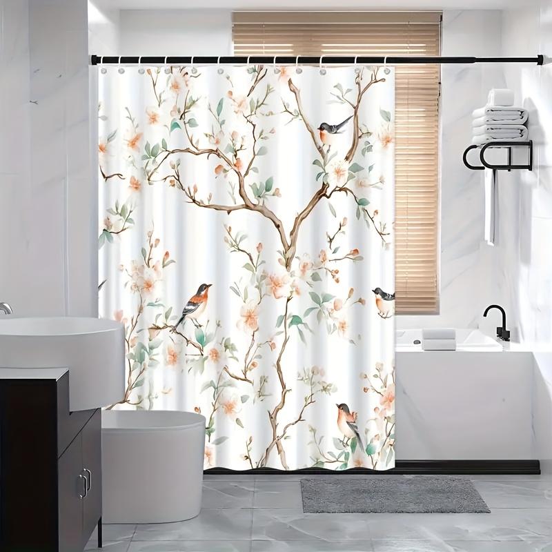 Romantic Peach Blossom Bird Pattern Shower Curtain Waterproof And Mildew-Proof Machine Washable With Hooks Bathroom Decoration