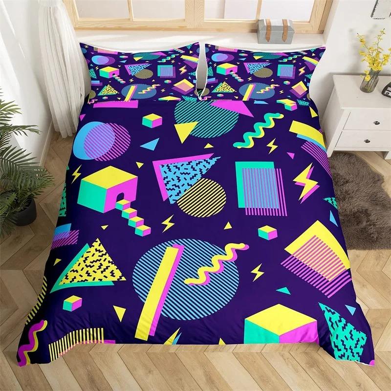 Psychedelische 3D Geometrische Bettbezug Mikrofaser Bunt Pop Art Queen Size Retro 80er Jahre Bettwäsche Set