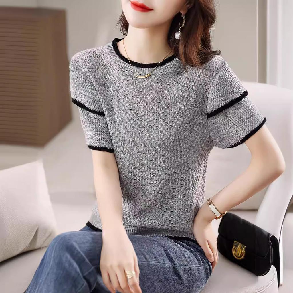 Camiseta de punto para mujer de manga corta, tops de primavera y verano