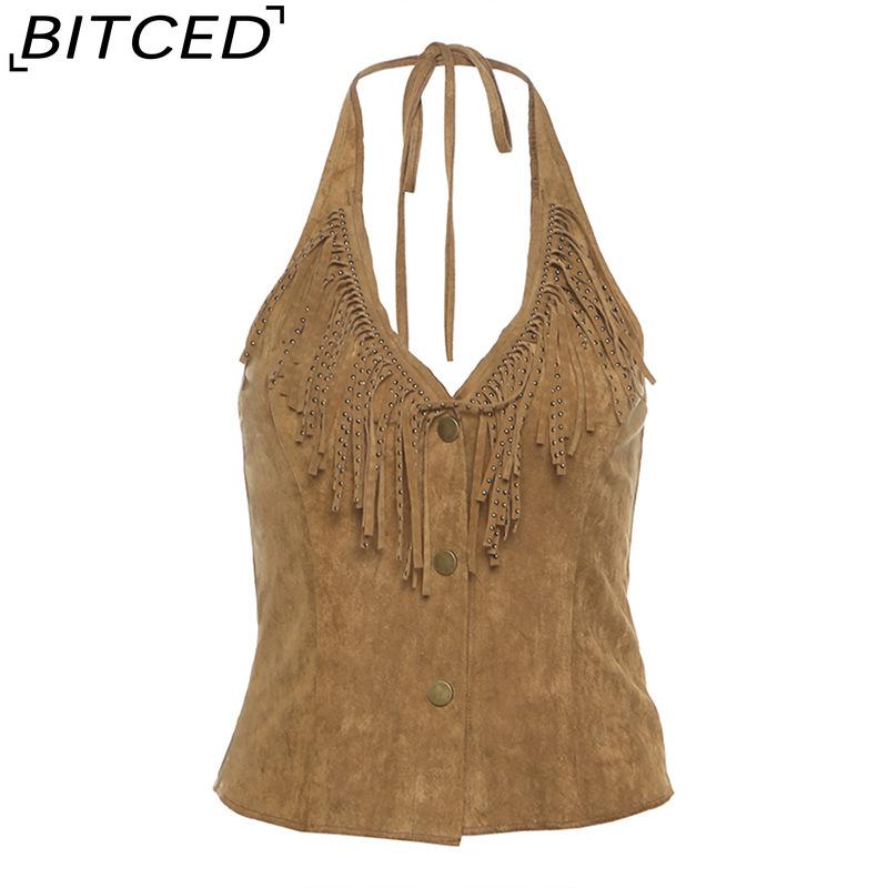 

BITCED Summer Solid Color Sexy Halter Neck Single-Button Slim-Fit Crop Top for Women L коричневый