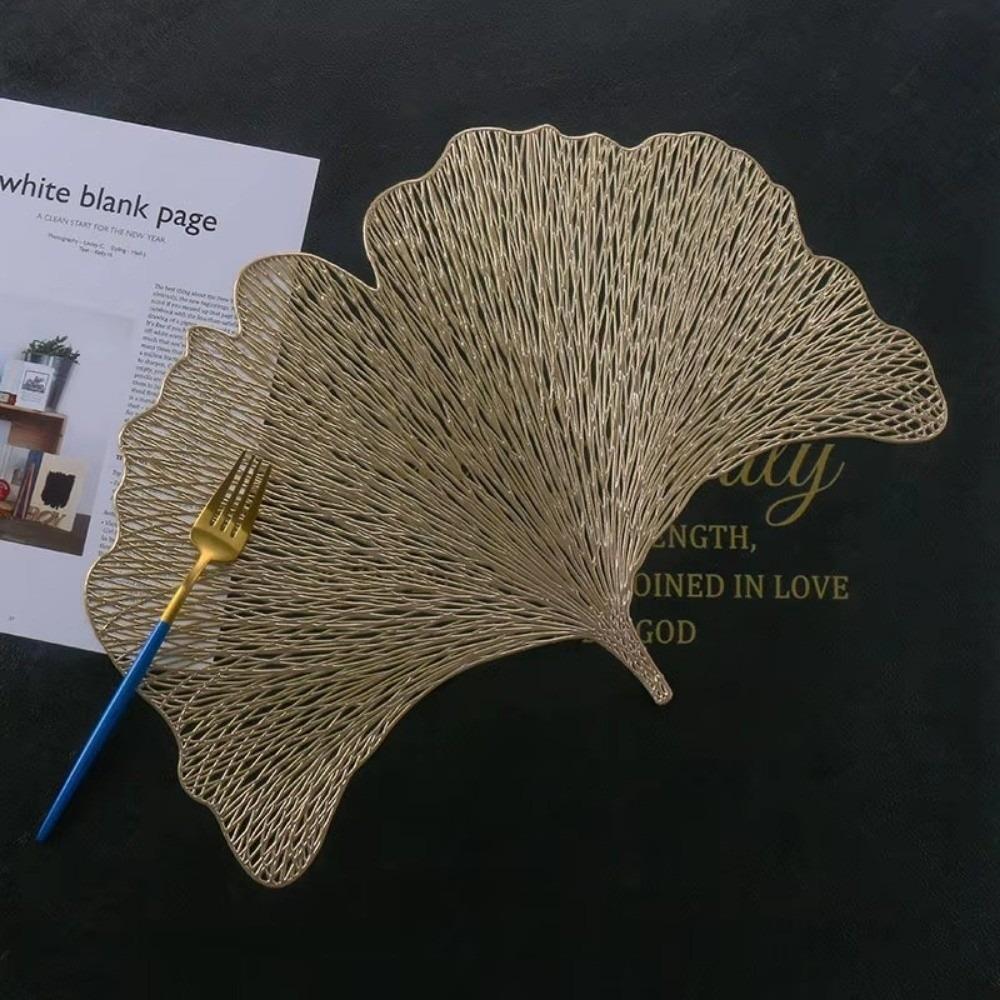 New PVC Hollow Placemat Large European Style Table Mat Heat-resistant Ginkgo Leaf Place Mat Home Decoration (Gold,S)