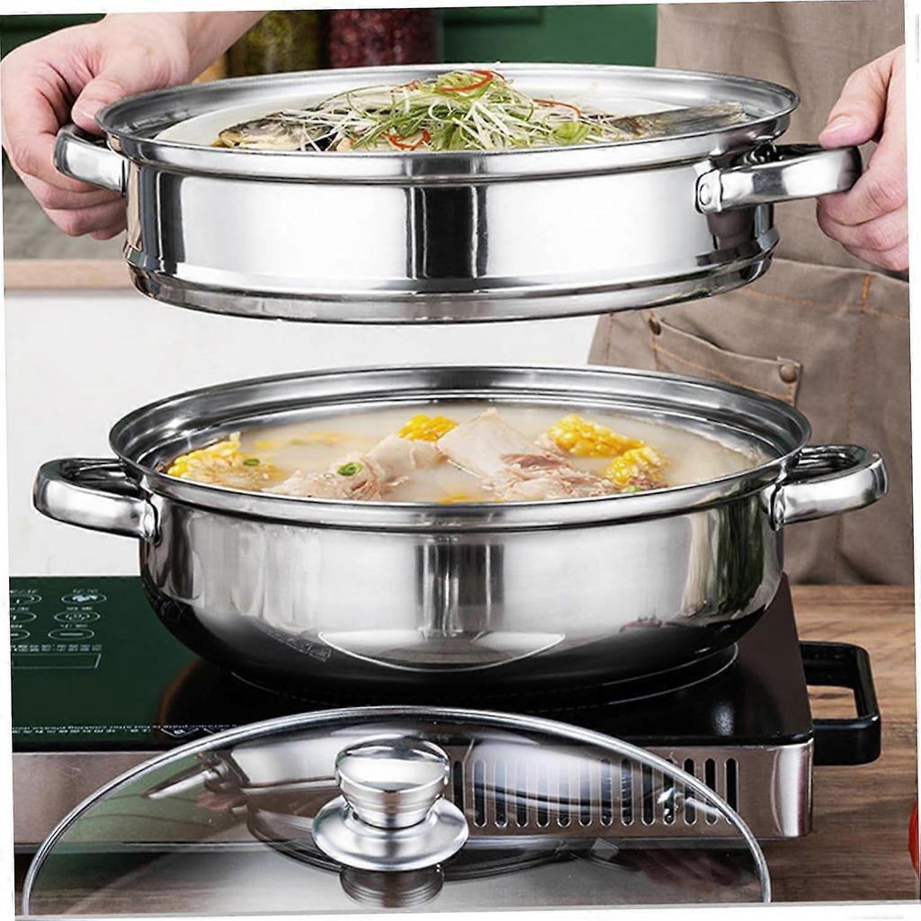 11 Inch Stainless Steel 2 Tier Steamer Pot with Glass Lid and Dual Handles for Vegetables and Dumplings