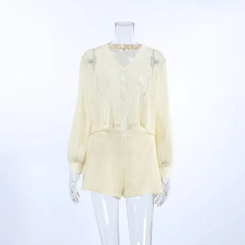 

Fashion Wind Summer Fashion Mesh V Neck Tops Shorts Casual Suit Mesh Top and Shorts Set Apricot L