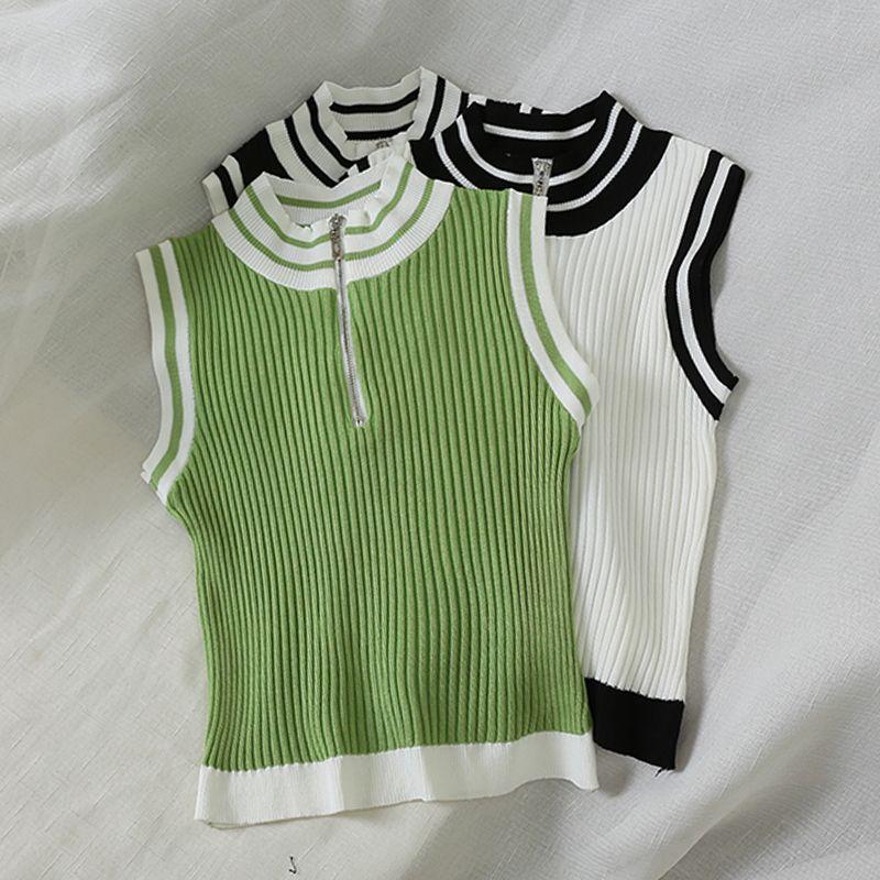 Cropped Knitted Vest Women's Outerwear Base Layer Turtleneck Zip-up Fitted High-waist Slimming Sleeveless Top