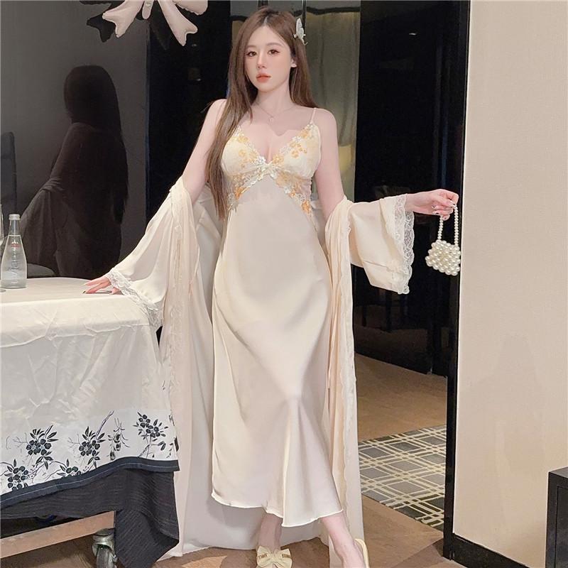 Long Nightgown with Chest Pad, Ice Silk Pajamas, Two-piece Set, High-end Elegant Long Skirt, Nightgown, Ice and Snow Silk Loungewear Women's