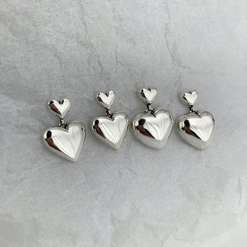 1 Pair Silver Color Stud Earrings Big Small Love Heart Shape Women Trendy Vintage Elegant Sweet Dual-Heart Pendant Jewelry